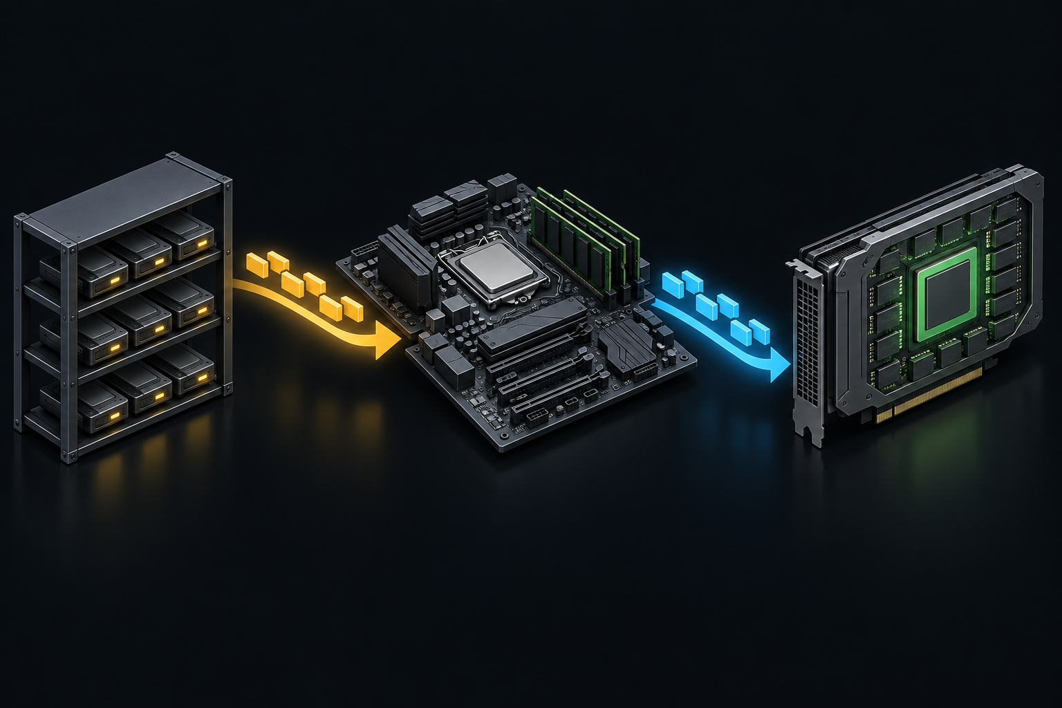 Conceptual illustration of data moving from a storage shelf through host memory into a GPU module