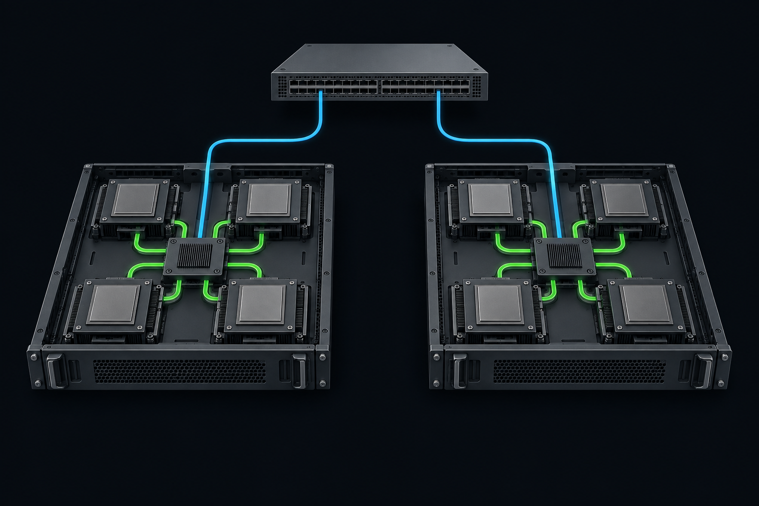 Conceptual illustration of tightly connected GPU modules and separate links leaving their local domain