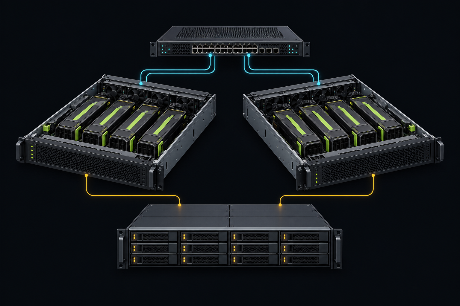 Conceptual cutaway of compute trays, a network switch, and storage connected into a training system